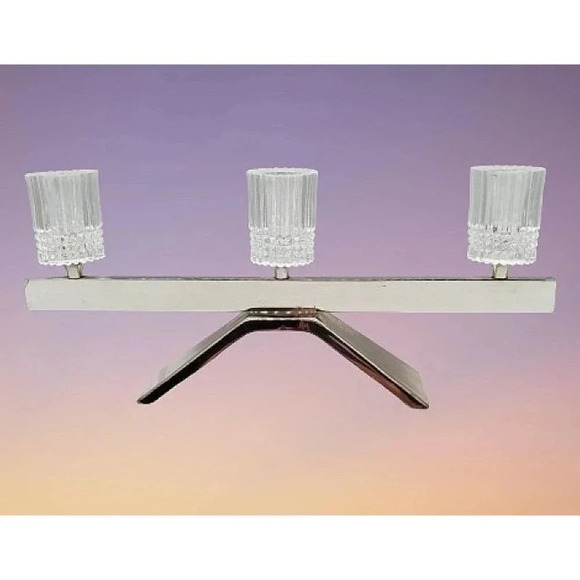 Vintage MCM 60s 3 Candle Stick Holder Silver Metal Bar Crystal Cups Germany Mod - Picture 1 of 16
